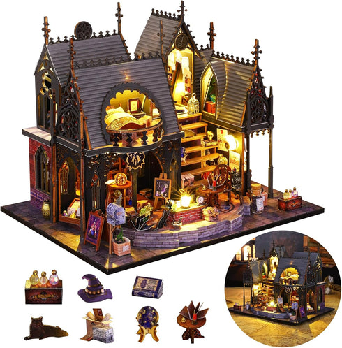 DIY Miniature House Kit, Tiny Magic Cabin House for Adults, 3D Wooden Puzzles Dollhouse with LED Light