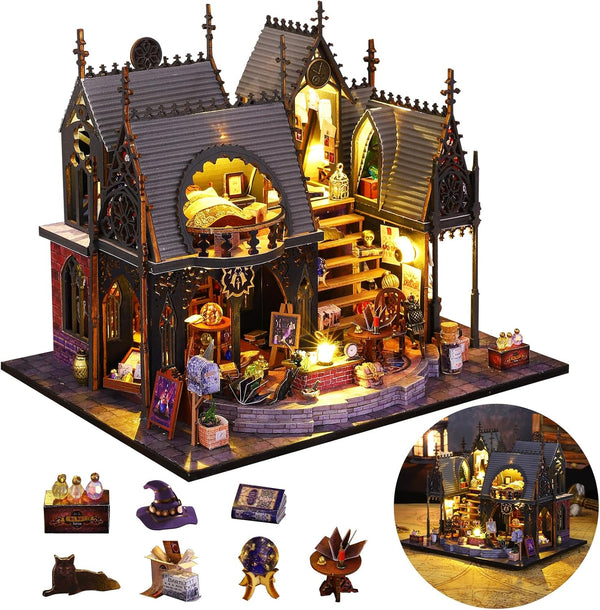 DIY Miniature House Kit, Tiny Magic Cabin House for Adults, 3D Wooden Puzzles Dollhouse with LED Light