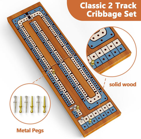 Set 2-Track 6 Small Size Travel Wooden Cribbage Board Game Foldable Cribbage with Magnetic Storage, Metal Pegs & Full