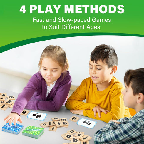 112 4+ 14 BenBen Family Spelling Games with Flash Cards & Wooden Letter Tiles, CVC Sight Word Building Phonics Game