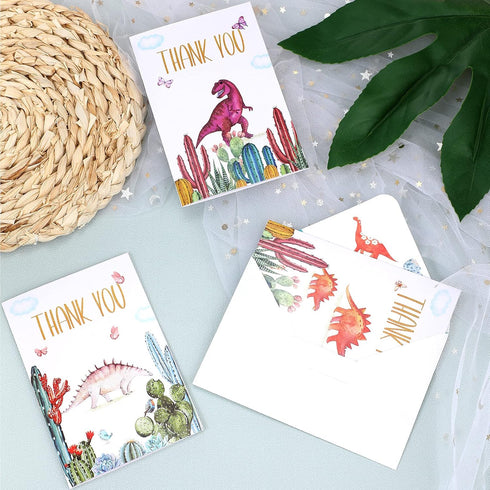 72 Pcs Dinosaur Thank You Cards, Includes 36 Pieces Envelopes and 36 Pieces Cactus Dino Blank Notes for Kids Birthday