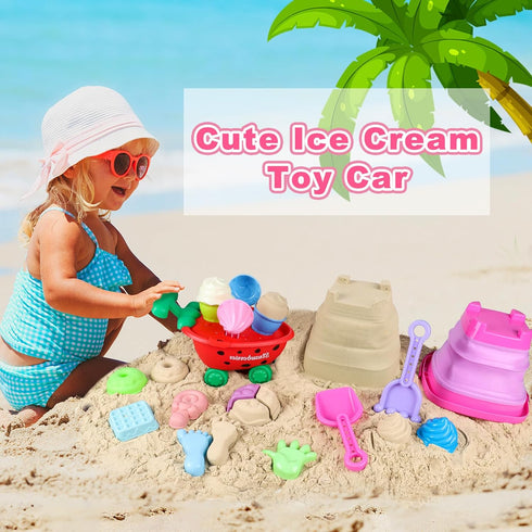 Meaicezli Summer 3-5 Beach Toys, Ice Cream Sand Toys with Collapsible Beach Bucket, Ice Cream Scoop and Cart, Sand