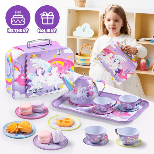 JOYIN Unicorn Tea Party Set, Pretend Purple Tin Teapot Set for Little Girls, Birthday Gift for Ages 3-6