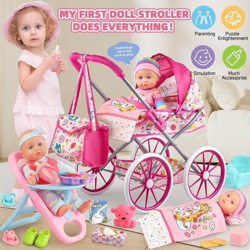 Baby Doll Stroller Toys Set with 12.5" Baby Doll, Dining Chair, Quilt Pillow, 24 PCS Accessories for Girls Toddlers