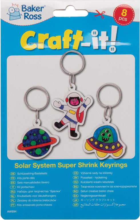 Baker Ross Ltd Solar System Super Shrink Keyrings, Arts and Crafts for Kids, Pack of 8