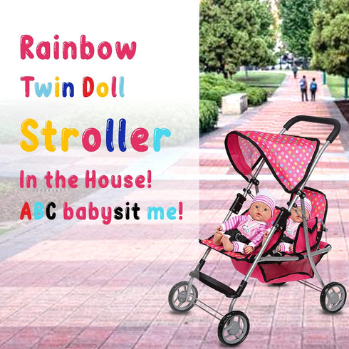 Twin Baby Doll Stroller - Toy Stroller with Storage Basket for Baby Doll Accessories, Polka Dot Design, Folds Easily