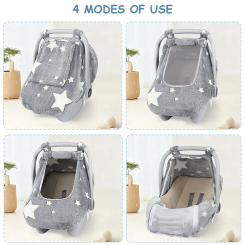2 Car Seat Cover Baby Boys Girls, Soft Flannel Infant Carseat Cover with Zipper Windows, Star Carrier Cover Canopy Glow
