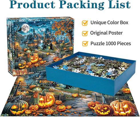 1000 1000 Halloween Puzzle for Adults Pieces Bats Full Moon Haunted House Witches Pumpkins Jigsaw Puzzles for Adults