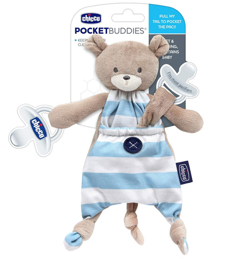 Chicco Pocket Buddies Blue Bear Soft Pacifier Holder-Lovey, Soothing Plush Toy Animal 0m+