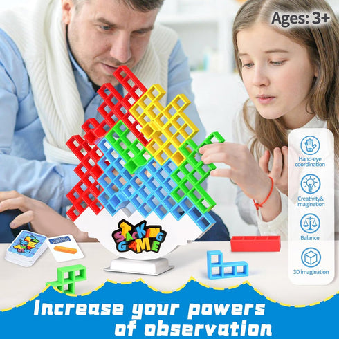 64PCS Stack Attack Game - Tetra Board Tower Games for Adults & Kids, 2 Players Balance Stacking Toy