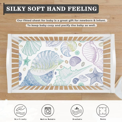 JIANADAER 28"x52", Seashell Fitted Crib Sheet Starfish Conch Blue Purple Green Standard Crib Mattress Fitted Sheet