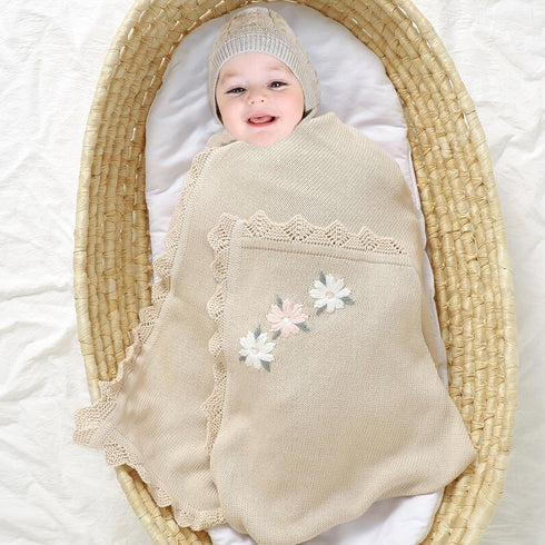 100% 40"x30" LAWKUL Baby Blanket Traceable Cotton Knit Receiving Blankets Infant Swaddle for Newbron Boy Girls Beige