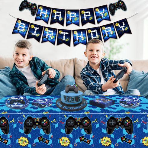 81 Pcs Video Game Party Supplies: 7th Birthday Video Game Decor Dinner Plates, Napkins, Tablecloth, Forks for 20