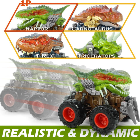 3-5 5-7, 4-7 Oriate Friction Powered ATV Dinosaur Monster Truck Toys, Push and Go Toy Cars Velociraptor Dinosaurs Stunt