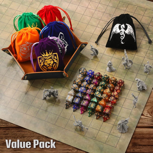 DND Dice Set, 42 Pcs Polyhedral Dice Set with Colorful Animal Pattern Dice Bag and PU Leather Dice Tray