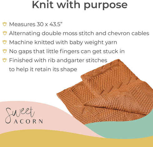 Sunset Knit Baby Blanket in Cable Pattern, Organic Cotton Blankets for Crib or Stroller, Receiving Blankets - Orange