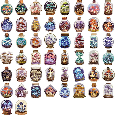 LOOGFDC 50 Pcs Vintage Mushroom Jar Stickers, Transparent Cartoon Aesthetic Stickers, Waterproof PET Vinyl Decals