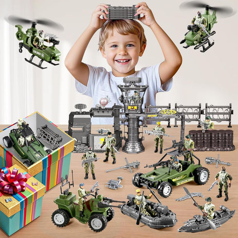 JASSKKBO 87-in-1 Sets 4-7 8-12 Army Men Toys for Boys , Military Base/Truck/Helicopter/Kayak Boat/Motorcycle/Army Men