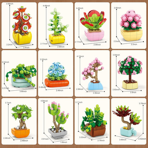 BIZNESMEN 12 Pack Set, 1255 6+, Succulent & Flower Building Block PCS Botanical Garden DIY Kit STEM Toy Gift for Girls