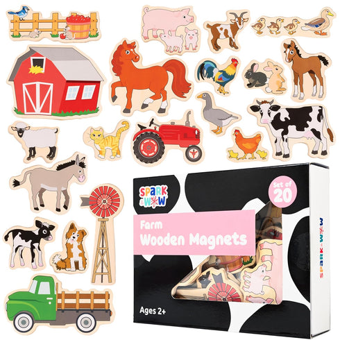 SPARK & WOW Wooden Magnets - Farm, Set of 20, Cute Magnets for Kids Ages 2+