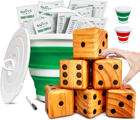 SWOOC Games Yardzee, Farkle & 20+ Games - Light-Weight Yard Dice Game Set with Collapsible Bucket, Score Cards