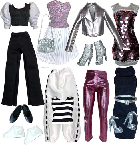 Eledoll Clothes Deluxe Fashion Pack for 11.5 inch - 12 inch Fashion Doll, Sporty & Silver Set