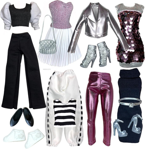 Eledoll Clothes Deluxe Fashion Pack for 11.5 inch - 12 inch Fashion Doll, Sporty & Silver Set