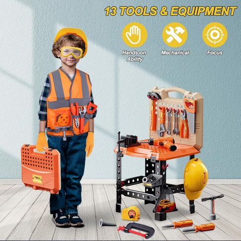 Kids Tool Bench Set, MAGIC4U 95PCS Toddler Workbench with Electronic Drill, Safety Vest & Hat for Ages 3-8