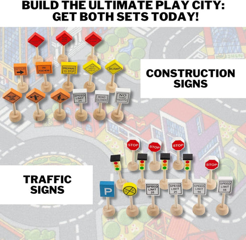 Kids Wooden Street Signs Playset, 14-Piece Set, Perfect for Car & Train Set, Wood Traffic Signs