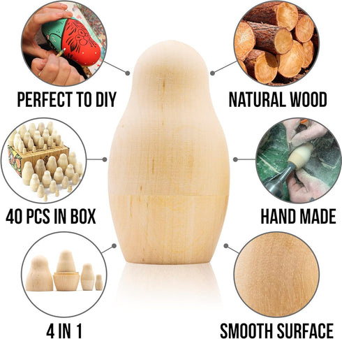 AEVVV Unpainted Blank Russian Nesting Dolls - Lot of 10 Sets, DIY Wooden Dolls to Paint