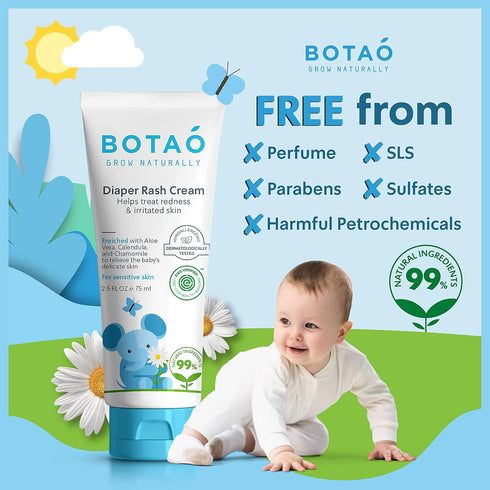 2.5Oz (3 Pack) BOTAO Baby's Natural Diaper Cream | Organic Diaper Cream EWG Verified | Naturally Soothes Baby Rashes |
