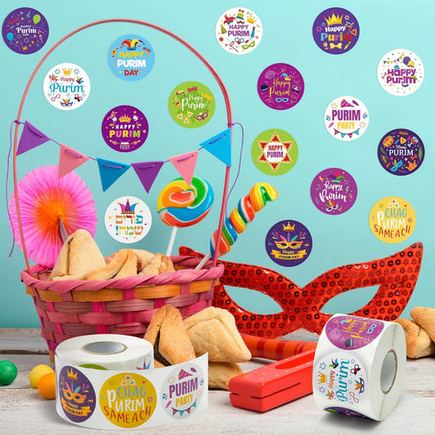 CNhoqc 1000 Happy Purim Stickers Roll - Pcs Round Happy Purim Waterproof Vinyl Reusable Laptop Sticker Coloring Book