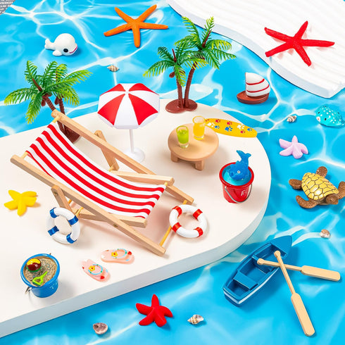 LHSYFBZ 36 Pcs Beach Miniature Dollhouse Decoration, Beach Cake Decorations, Umbrella Palm Chair Miniature Toys for DIY