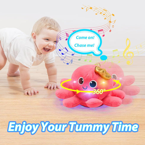 JoyyiKinddy 2-6 Tummy Musical Octopus Baby Toy - Crawling & Rotating Octopus Toy with Recording, Light-Up Voice
