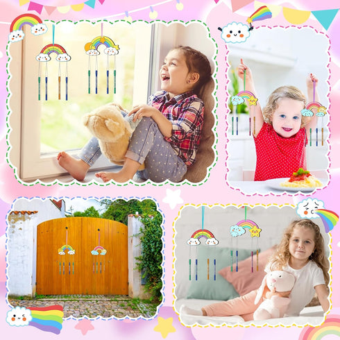 TREACLUB 12 Pack DIY Wind Chime Kit for Kids - Make Your Own Rainbow Coloring Star Moon Sun Arts and Crafts - Wooden