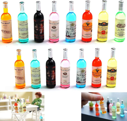 15 Pcs Mini Dollhouse Toy Bottles, Wine Bottles & Drink Accessories for 1:12 Miniature Dolls