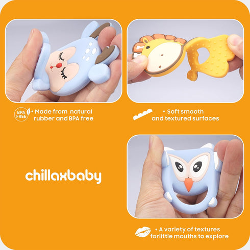 CHILLAX Teether Toys - Soothing Non-BPA Silicone Teethers for Babies 3+ Months, Easy-to-Grip, Dishwasher-Safe