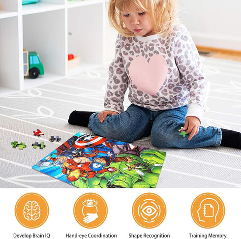 LELEMON Avengers 100 Piece Jigsaw Puzzle for Kids Ages 4-8, Cardboard Material, Portable Metal Storage Box, Educational Toy for Girls and Boys