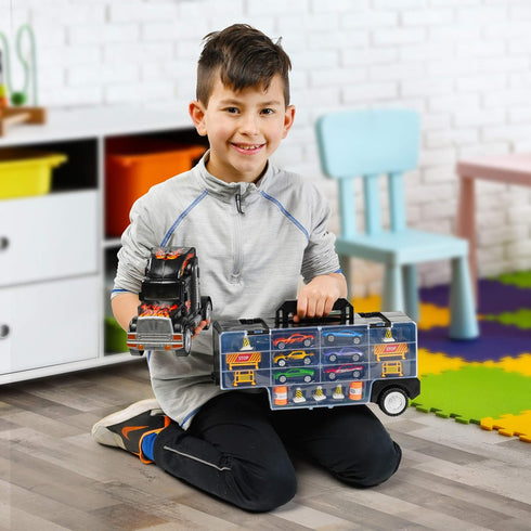 6 28 Play22 Toy Truck Car Carrier - Includes Toy Cars and Accessories, Fits Toy Car Slots - Great Gift for Boys