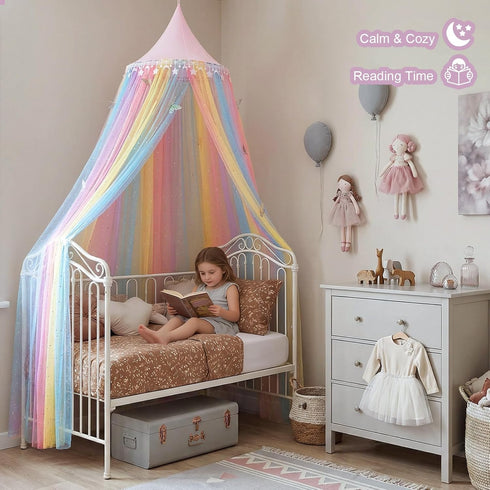 STAOLENE Rainbow Princess Bed Canopy for Girls, Breathable Hanging Mosquito Net with Glitter Star & Moon Tassels, Fits