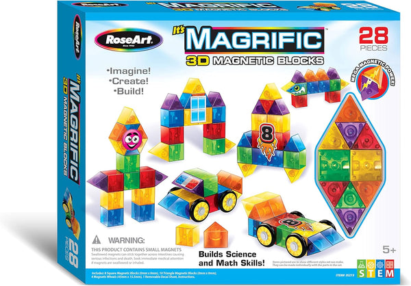 Cra-Z-Art Magrific 3D Magnetic Blocks, 28 Piece Set, Colorful Magnet Building Tiles with 3D Blocks and Vehicle Wheels