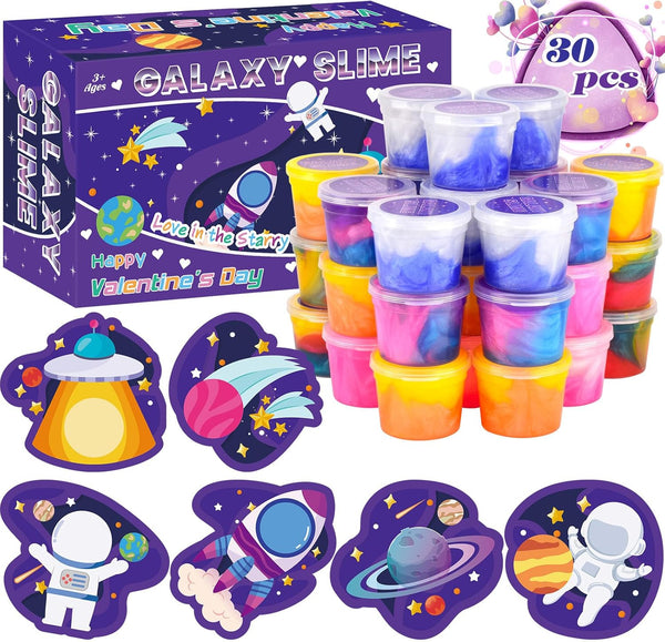tuupowana 30 Pack Valentines Day Gift Cards with Galaxy Slime Stress Relief