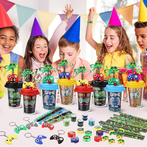 Watersay 110 Set Pcs Video Game Party Favors Includes Drink Cup with Lid Game Card Pencil Sharpener Eraser Stickers