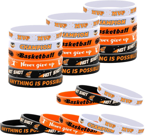 Lesnala 48 PCS Basketball Rubber Bracelets - Motivational Silicone Wristbands for Kids Party Favors