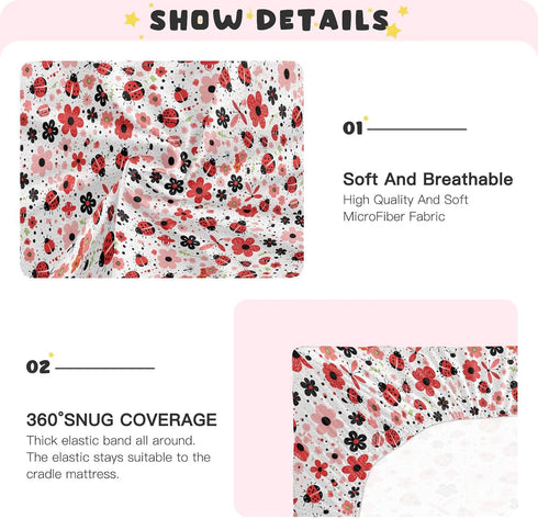 Vdsrup 39 27 5In Crib Sheets for Boys Girl Ladybugs Flowers Neutral Mini Crib Mattress Sheets Fitted, Red Pink Toddler