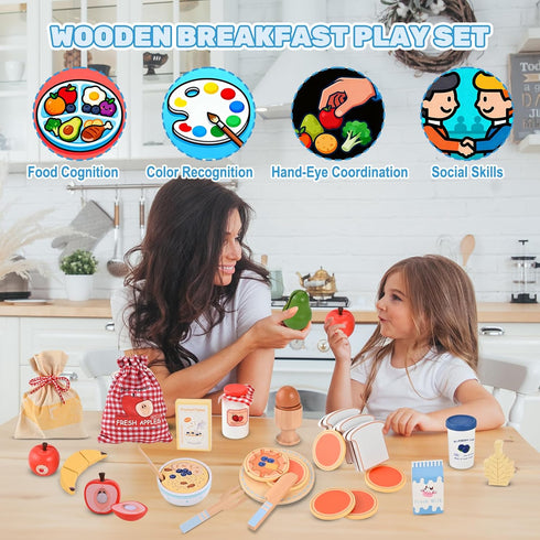 Set, 3+ Wooden Play Food Wooden Food for Play Kitchen, Wood Food Toys with Storage Bag, Play Kitchen Accessories, Gift