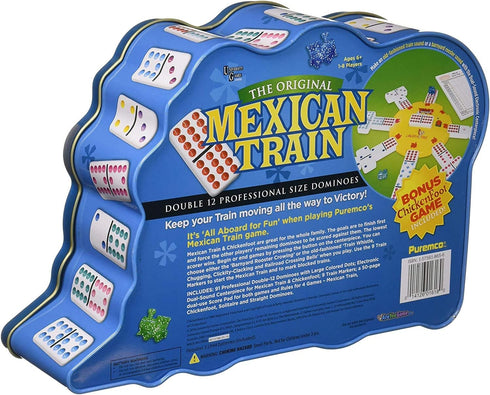 Mexican Train Double 12 Professional Size Dominoes with Bonus Chickenfoot Game, Travel Tin Board Game, 91 Tiles, Fun