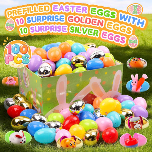 100 KissFuture PCS Prefilled Easter Eggs with Toys, Easter Eggs Filled for Egg Hunt, Easter Basket Stuffers for Kids
