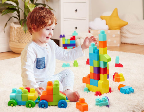 Battat Large Building Blocks Set, 80 Colorful Pieces with 8 Wheel Bricks and Zippered Storage Bag, 12 Months +