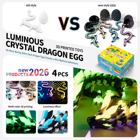 2026 4pcs 3D 3D Easter Gifts for Kids Printed Dragon Egg Glow in The Dark,Cool Crystal Dragon Toys, Print Dinosaur